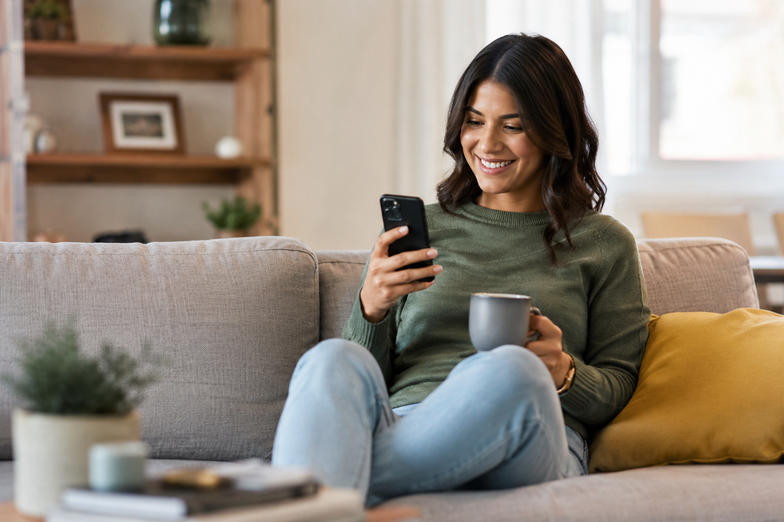 Woman relaxing on a couch checking her phone